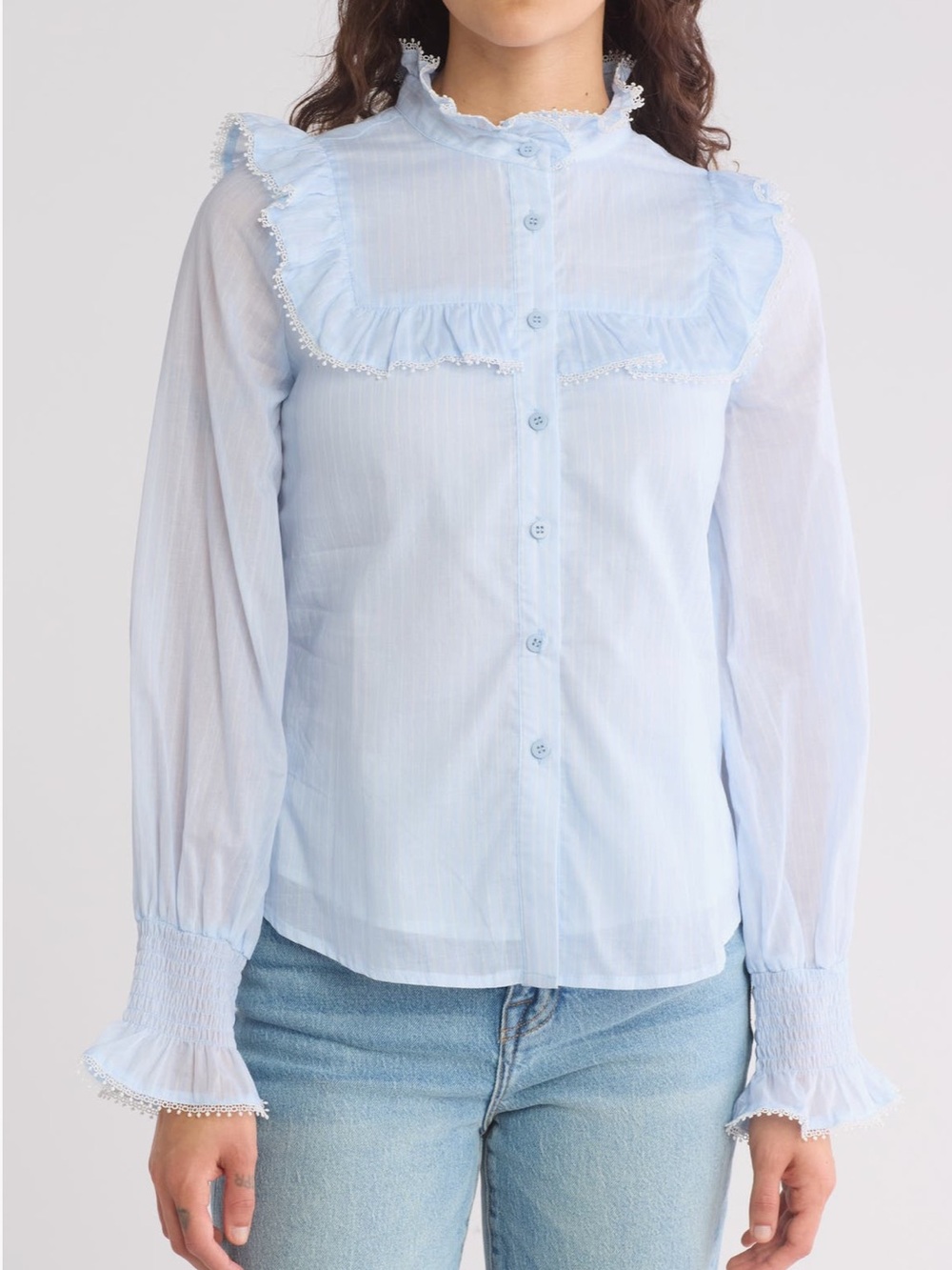 Light Blue Ruffle-Trim Button Front Womens Top - Picture 1 of 3